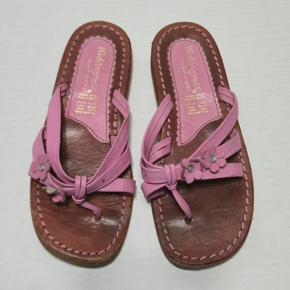 KidExpress Girls Pink Leather Floral Strappy Sandals Shoes Toddler Size 11